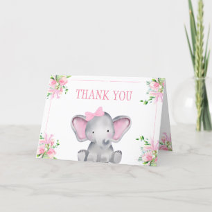 Pink Floral Elephant Baby Shower   Thank You Card