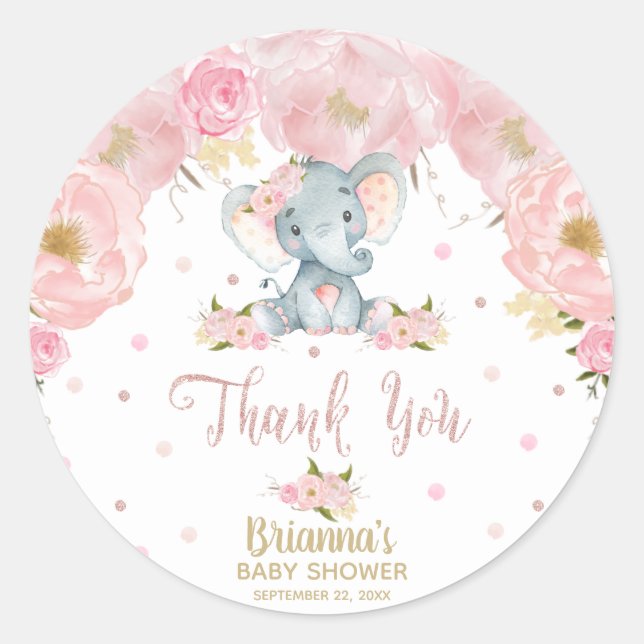 Pink Floral Elephant Baby Shower Thank You Classic Round Sticker (Front)