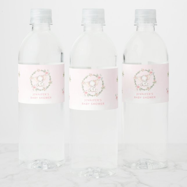 Pink floral elephant baby shower water bottle label (Bottles)