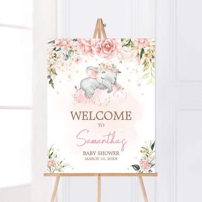 Pink Floral Elephant Baby Shower Welcome Poster (Pink Floral Sleeping Elephant Baby Shower Welcome Sign)