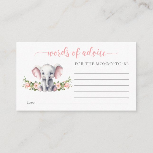 Pink Floral Elephant Baby Shower Words Of Advice Enclosure Card (Front)
