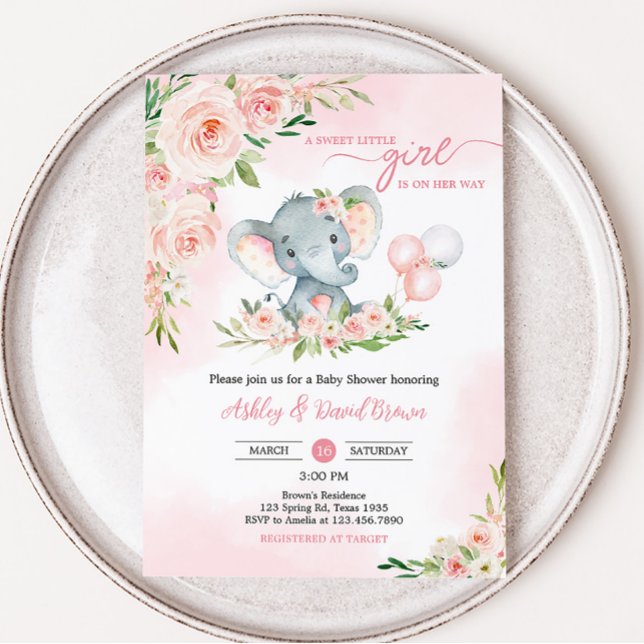 Pink Floral Elephant Balloon Baby Shower  Invitation (Floral Balloon Elephant Baby Shower Invitation)