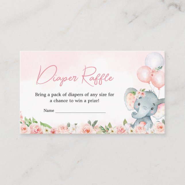 Pink Floral Elephant Balloon Diaper Raffle Enclosure Card (Front)