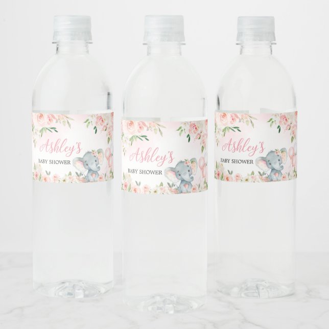 Pink Floral Elephant Balloon  Water Bottle Label (Bottles)