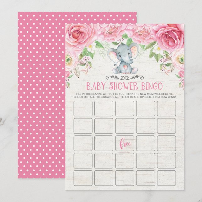 Pink Floral Elephant Bingo Baby Shower Game Card (Front/Back)