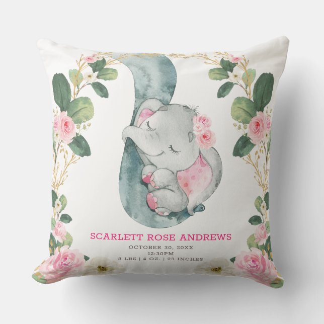 Pink Floral Elephant Birth Stats Girl Nursery Cushion (Front)