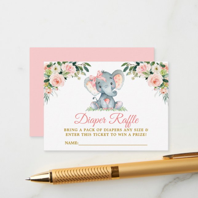 Pink Floral Elephant Bow Diaper Raffle Shower Enclosure Card (Front/Back In Situ)