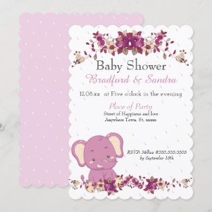 Pink Floral Elephant Chic Simple Baby Shower Invit Invitation