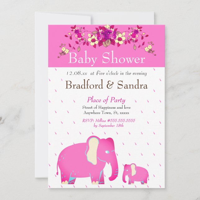 Pink Floral Elephant Chic Simple Baby Shower Invitation (Front)