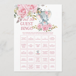 Pink Floral Elephant Find the Guest Baby Bingo Card