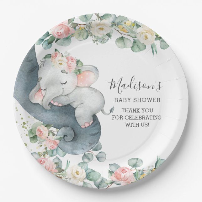 Pink Floral Elephant Girl Baby Shower Birthday  Paper Plate (Front)