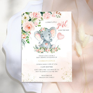Pink Floral Elephant Girl Baby Shower Invitation
