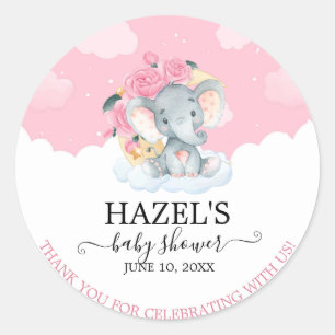 Pink Floral Elephant Girl Baby Shower Thank You Classic Round Sticker