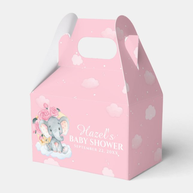 Pink Floral Elephant Girl Baby Shower Thank You Favour Box (Front Side)