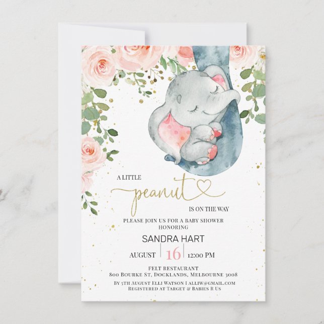 Pink Floral Elephant Girls Peanut Baby Shower Invitation (Front)