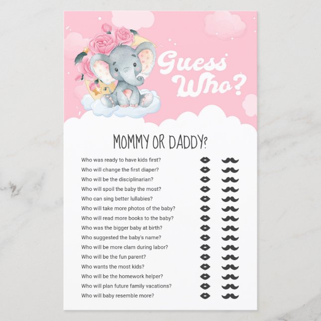 Pink Floral Elephant Guess Who Mummy or Daddy Game (Front)