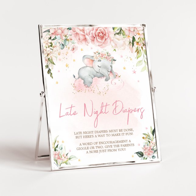 Pink Floral Elephant Late Night Diapers Poster (Pink Floral Sleeping Elephant Baby Shower Late Night Diapers Sign)