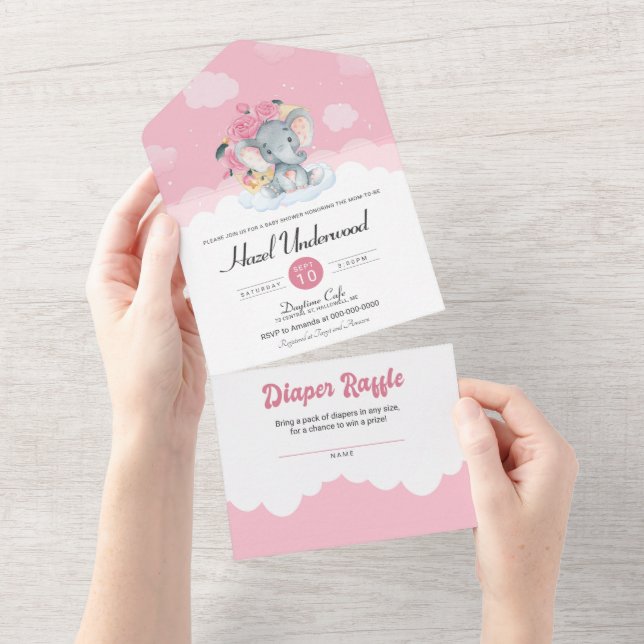 Pink Floral Elephant Little Peanut Baby Shower All In One Invitation (Tearaway)