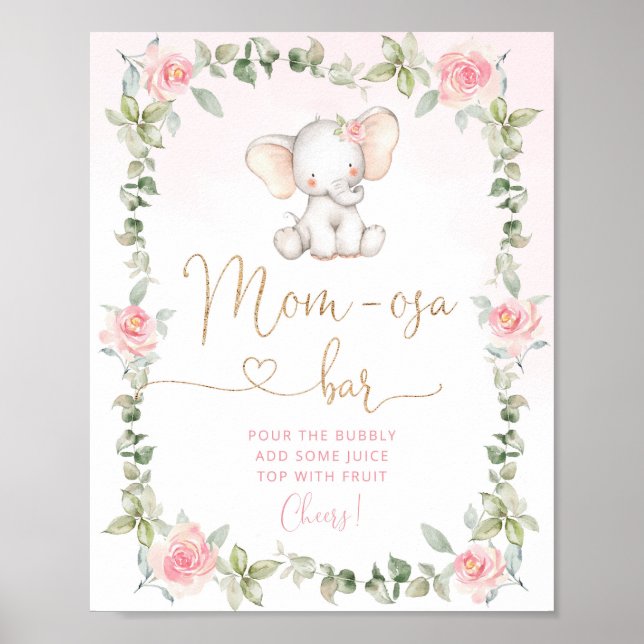 Pink floral elephant mum-osa bar Poster (Front)