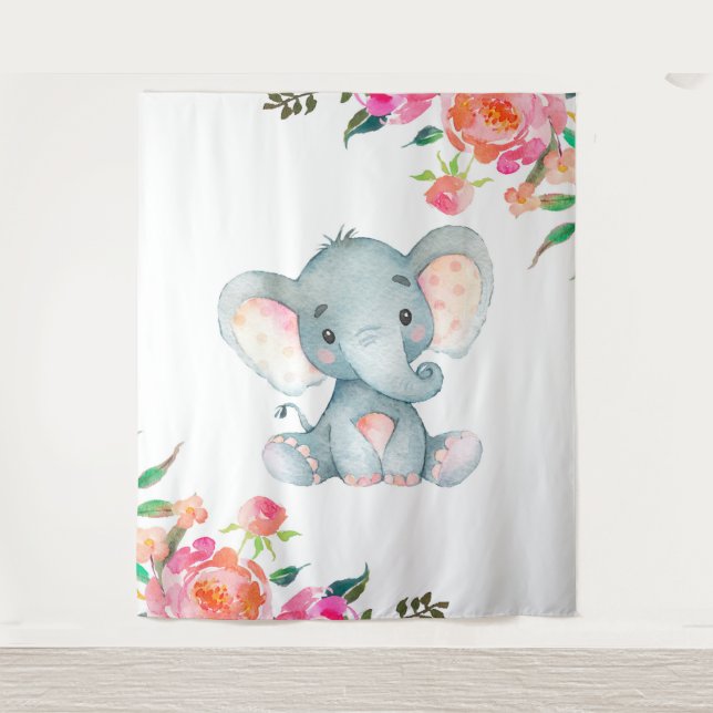 Pink Floral Elephant Nursery Tapestry (Front)