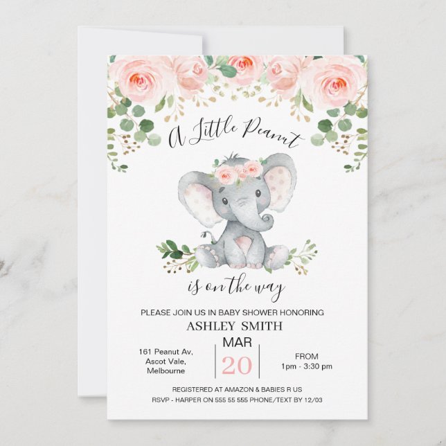  Pink Floral Elephant Peanut Baby Shower Invitation (Front)