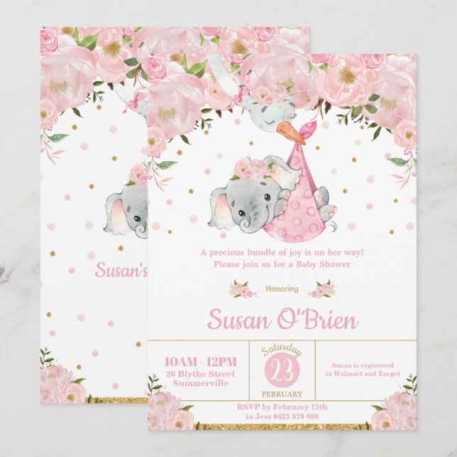 Pink Floral Elephant Stork Bundle Girl Baby Shower Invitation (Front/Back)