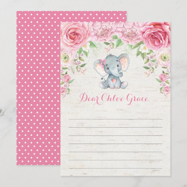 Pink Floral Elephant Time Capsule Message Card (Front/Back)