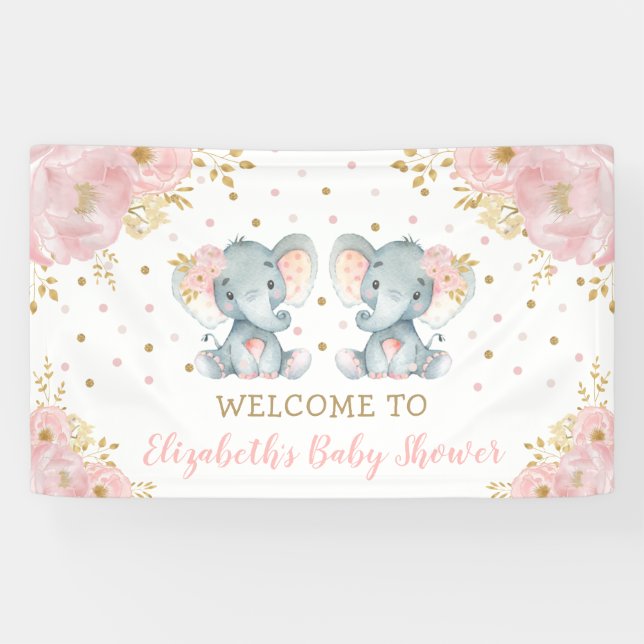 Pink Floral Elephant Twi Girls Baby Shower Welcome Banner (Horizontal)