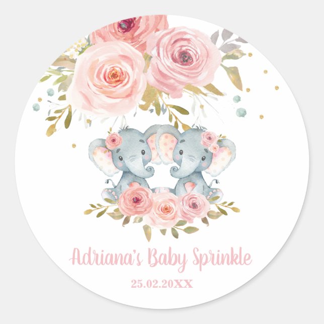 Pink Floral Elephant Twin Girls Baby Shower Favour Classic Round Sticker (Front)