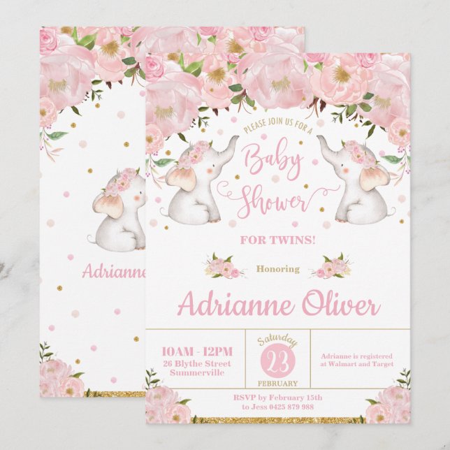 Pink Floral Elephant Twin Girls Baby Shower Invitation (Front/Back)