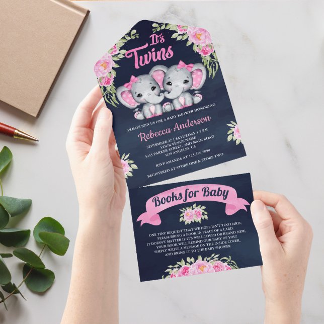 Pink Floral Elephant Twin Girls Navy Baby Shower All In One Invitation (Creator Uploaded)