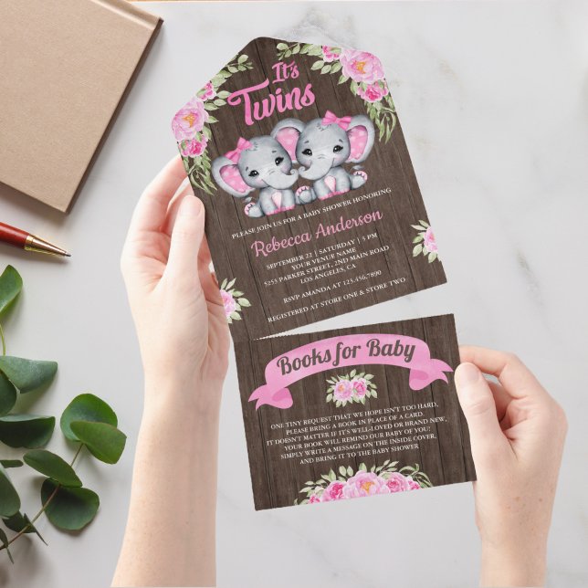 Pink Floral Elephant Twin Girls Wood Baby Shower All In One Invitation (Creator Uploaded)