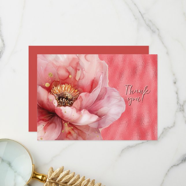 Pink Floral Enlarged on Shiny Pink Thank You Card (Front/Back In Situ)