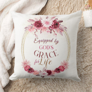 Pink Floral Equipped by Gods Grace Inspirational Cushion