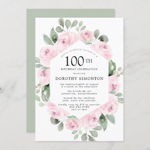 Pink Floral Eucalyptus 100th Birthday Party Invitation