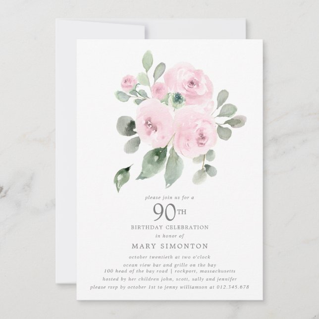  Pink Floral Eucalyptus 90th Birthday Party Invitation (Front)