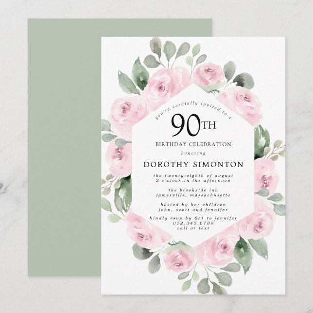 Pink Floral Eucalyptus 90th Birthday Party Invitation (Front/Back)
