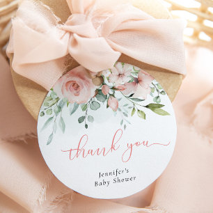 Pink floral eucalyptus baby girl shower thank you favour tags