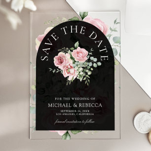 Pink Floral Eucalyptus Black Wedding Save the Date Acrylic Invitations