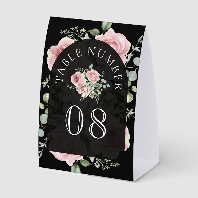 Pink Floral Eucalyptus Black Wedding Table Number (Front)