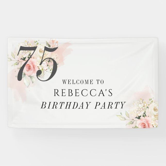 Pink Floral Eucalyptus Botanical 75th Birthday Banner (Horizontal)