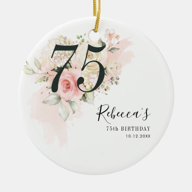 Pink Floral Eucalyptus Botanical 75th Birthday Ceramic Tree Decoration (Front)
