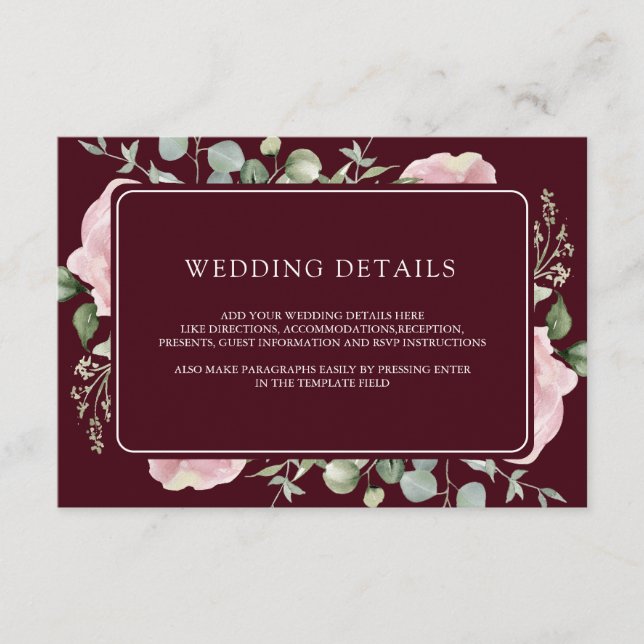 Pink Floral Eucalyptus Burgundy Wedding Details Enclosure Card (Front)