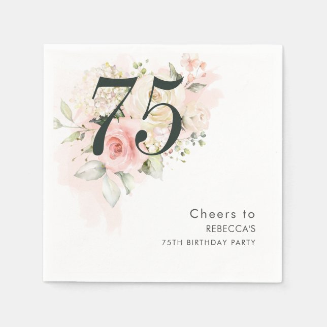 Pink Floral Eucalyptus Foliage 75th Birthday Party Napkin (Front)