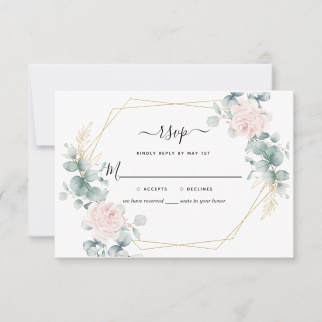 Pink Floral Eucalyptus Geometric Rustic Wedding RSVP Card (Front)