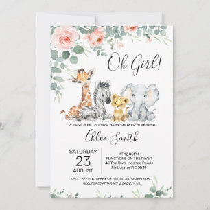 Pink Floral Eucalyptus Girls Safari Baby Shower Invitation