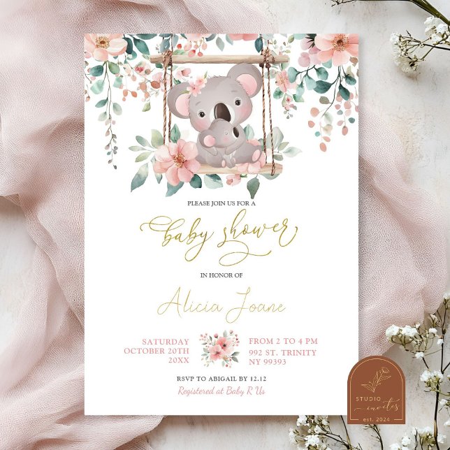 Pink Floral Eucalyptus Koala Australian Baby Girl Invitation (Creator Uploaded)