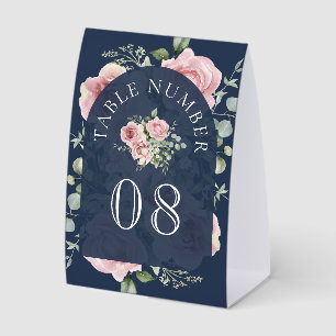 Pink Floral Eucalyptus Navy Wedding Table Number