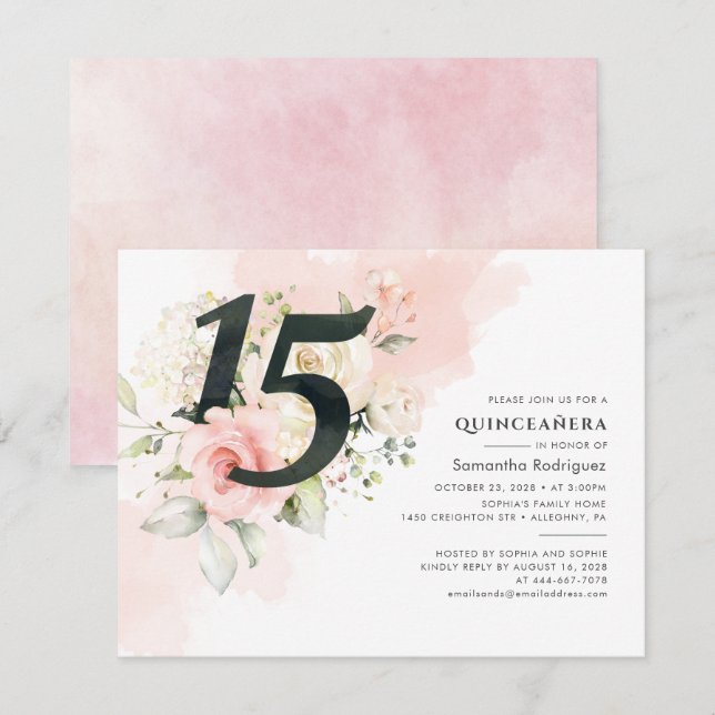 Pink Floral Eucalyptus Quinceanera 15th Birthday Invitation (Front/Back)