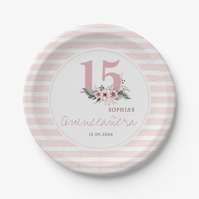 Pink Floral & Eucalyptus Quinceanera 15th Birthday Paper Plate (Front)